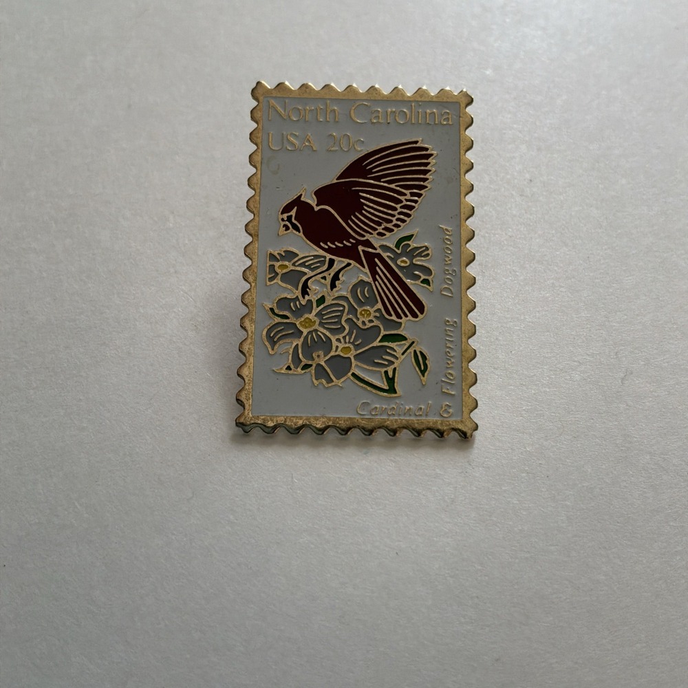 USPS Postage Stamp Lapel Pin NORTH CAROLINA Bird Cardinal & Flowering Dogwood